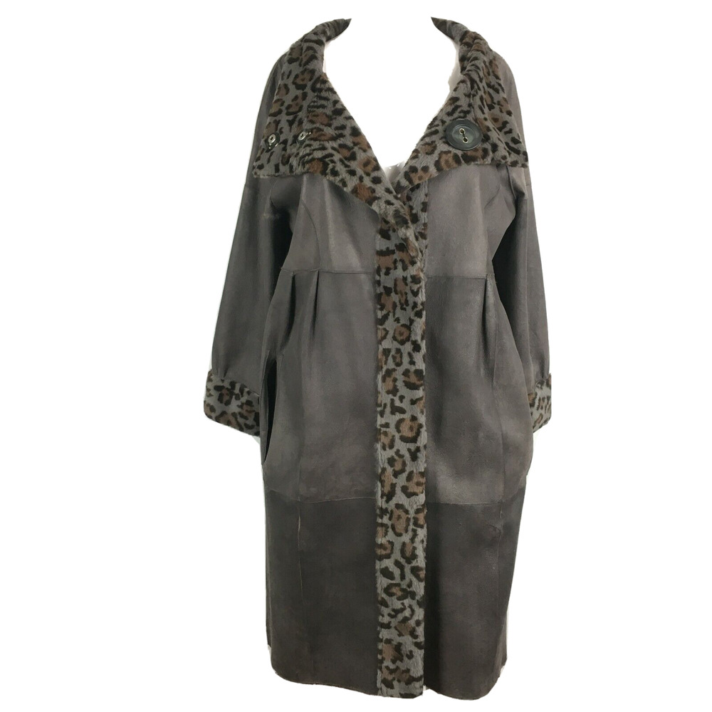 Grandi Coat Womens Sz M Italy Gray‎ Leather Leopard Faux Fur Reversible Trench
